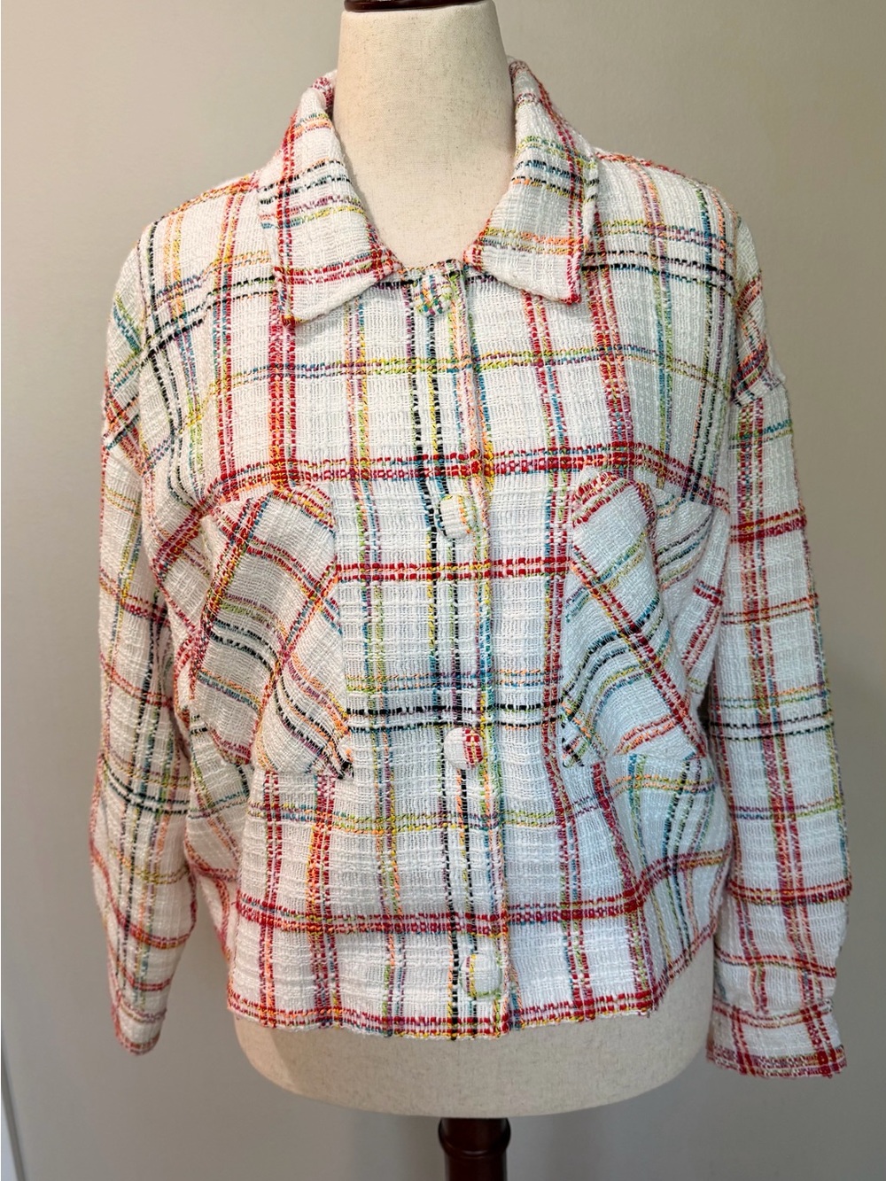 Riley & Rae White Rainbow Plaid Tweed Cropped Jacket Shacket Size L